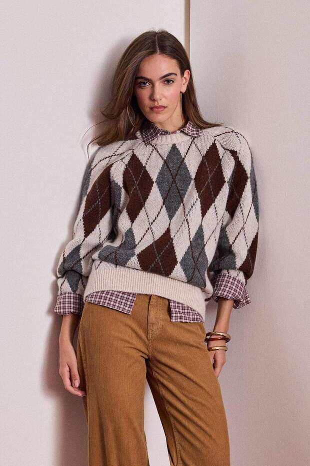 Oversized Wide Fit Crew Neck Diamond Pattern Knitwear Sweater G4418Ax25Wn