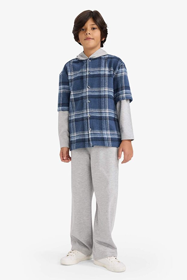 2-Piece Set Detachable Hooded Checkered Shirt Sweatpants Boys G3272A825Wn