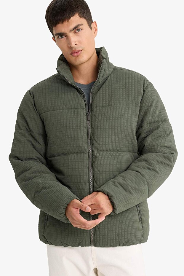Warm Regular Fit Stand Collar Lined Winter Coat with Zipper Pockets F0418Ax25Wn