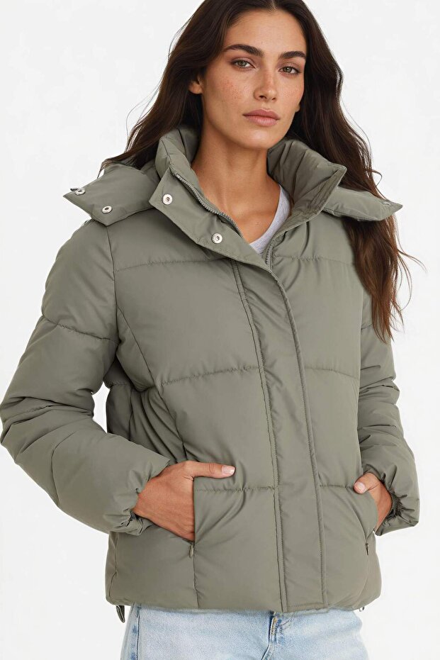 Water Repellent Regular Fit Hooded Zippered Inflatable Coat F2143Ax25Wn