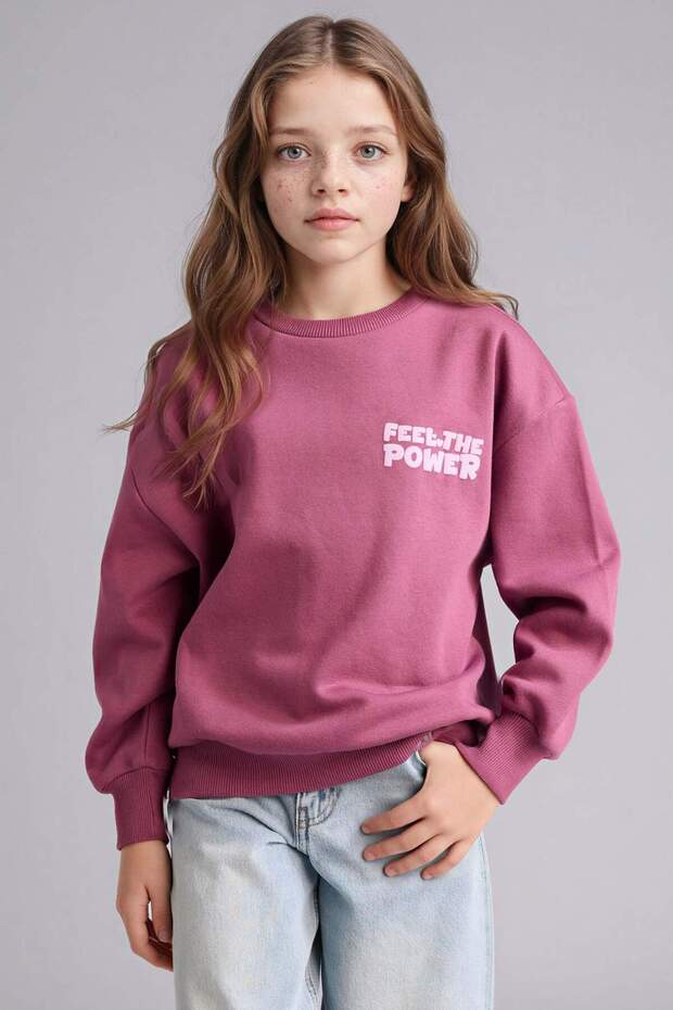 Oversize Wide Fit Printed Soft Fleece Inside Sweatshirt for Girls G6268A825Wn