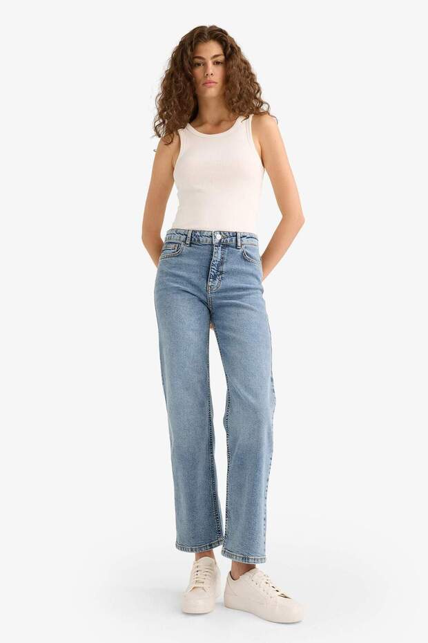 Comfort Straight High Waist Ankle-Length Jean Washed Trousers E9818Ax25Au