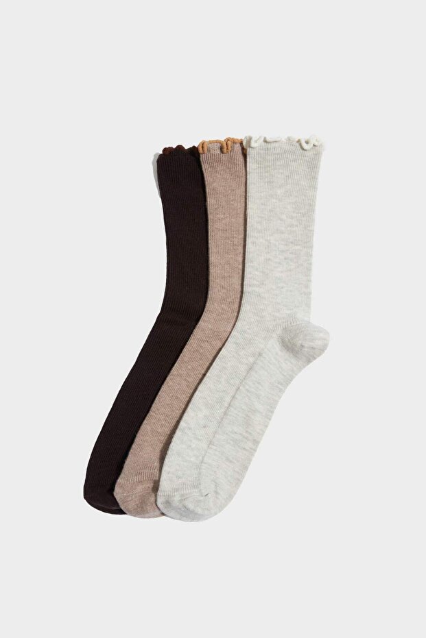 Women's Ruffled 3-Piece Cotton Long Socks G2409Axns