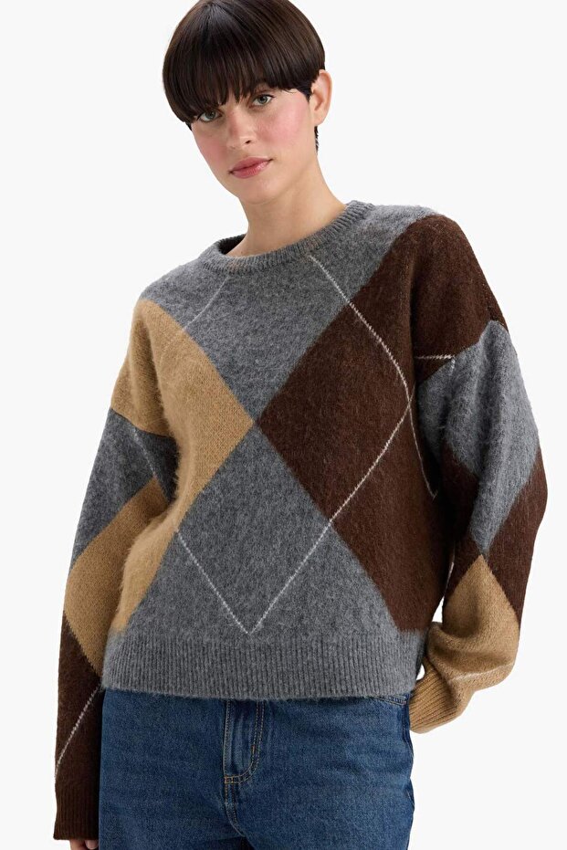 Relax Fit Sweter z golfem i wzorem baklava G2185AX25WN - 1