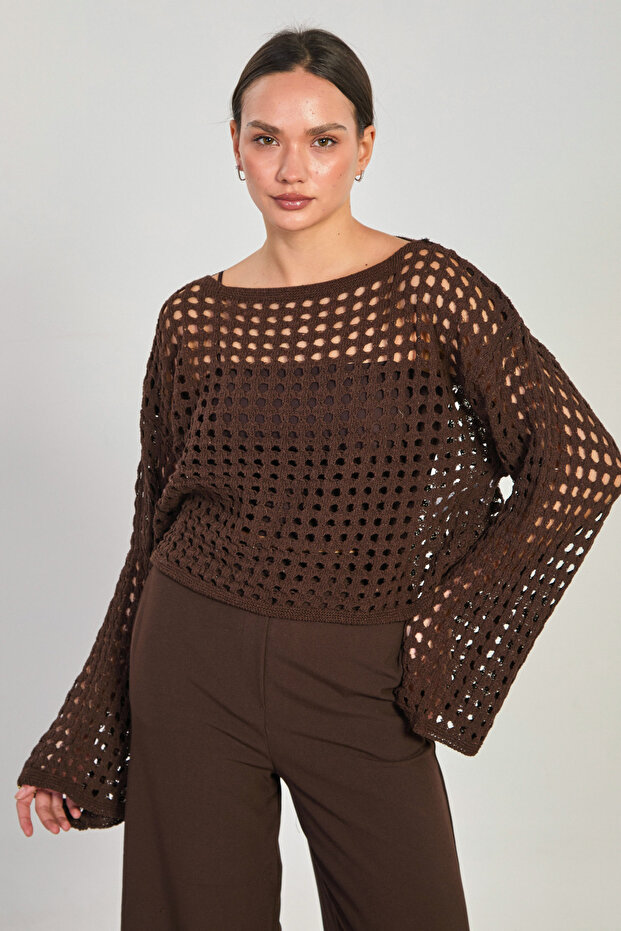 Women's openwork crop sweater - bitter coffee