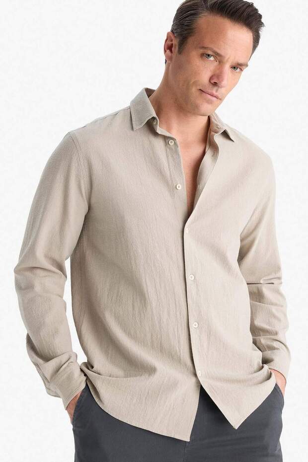 100% Cotton Regular Fit Polo Collar Long Sleeve Basic Shirt E7741Ax25Au