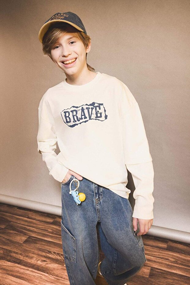 Oversize Wide Fit Crew Neck Printed Long Sleeve T-Shirt Boy G1814A825Au