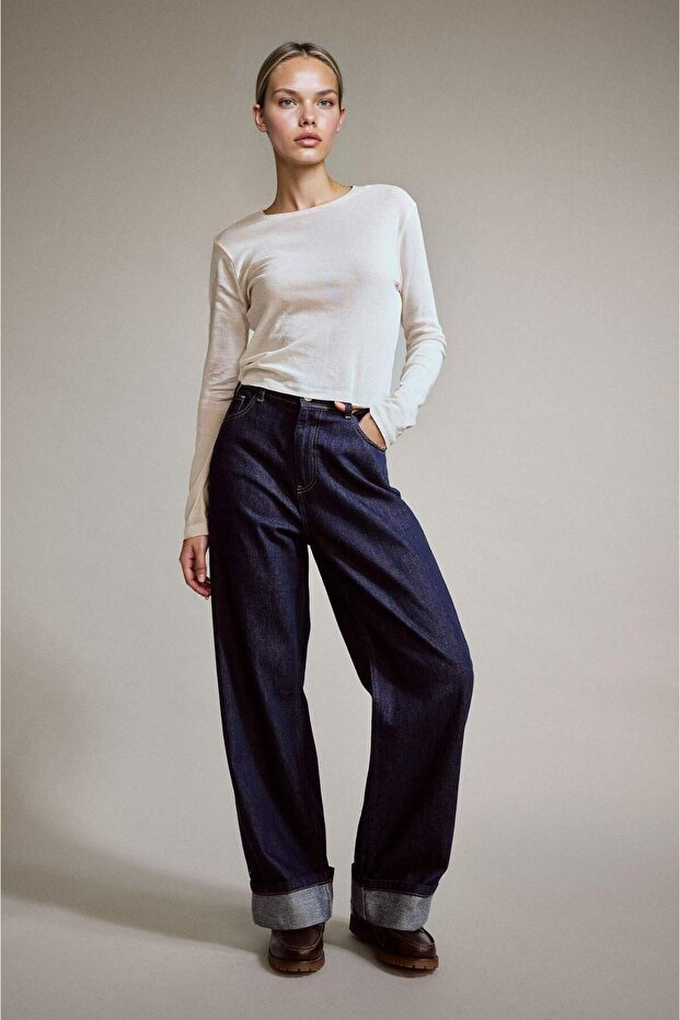 100% Cotton Wide Leg Wide Folded Hem Jean Trousers G2723Ax25Au