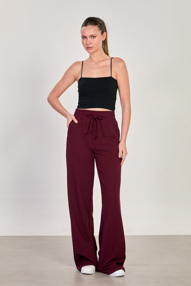 Women's elastic waist wide leg pants - burgundy