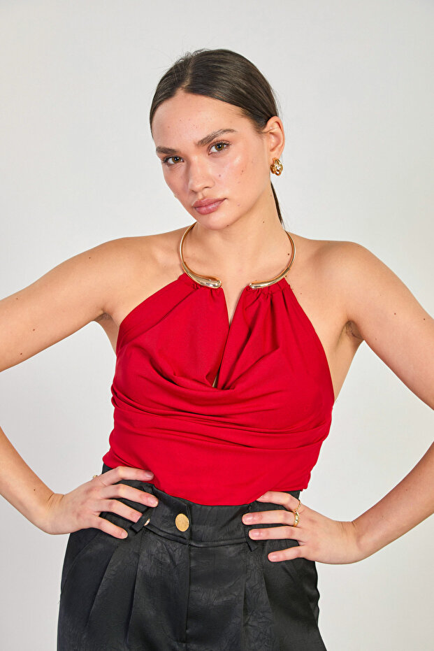 Women's Buckle-Neck Collar Blouse - Red