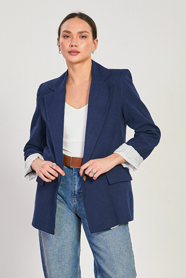 Women's striped linen blazer jacket - navy blue