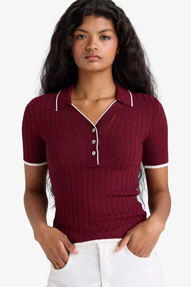 Fitted Polo Neck Knitwear Short Sleeve Sweater F7771Ax25Au