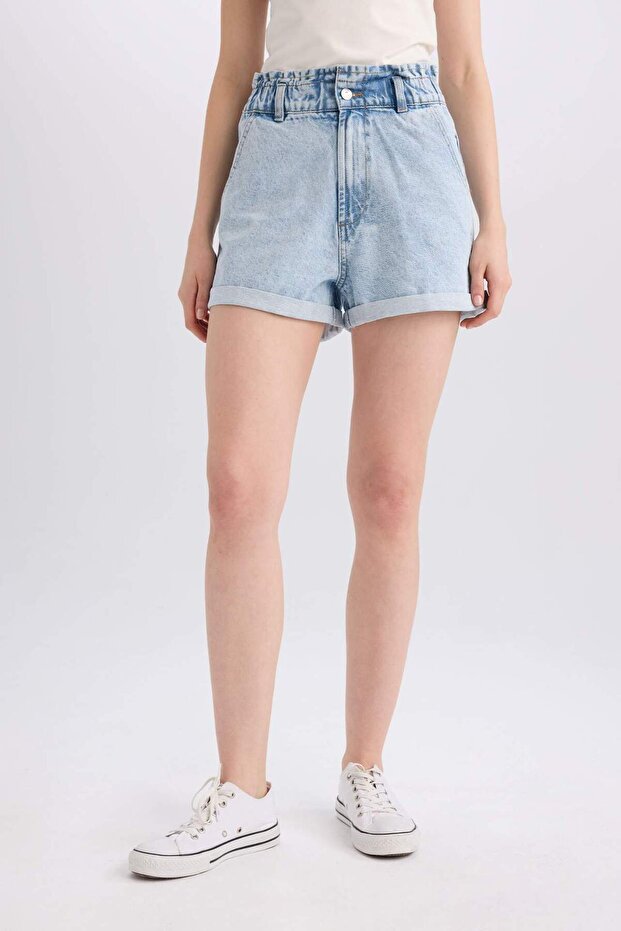 100% Cotton Paperbag High Waist Jean Shorts E1150Ax25Sp