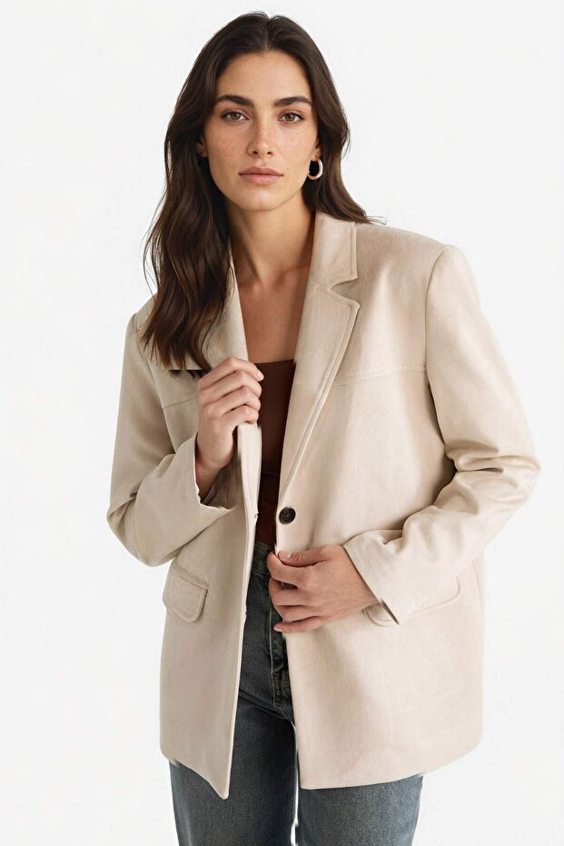 سترة بليزر ذات قصة عادية وياقة جلد سويدي E7236AX25AU - 1