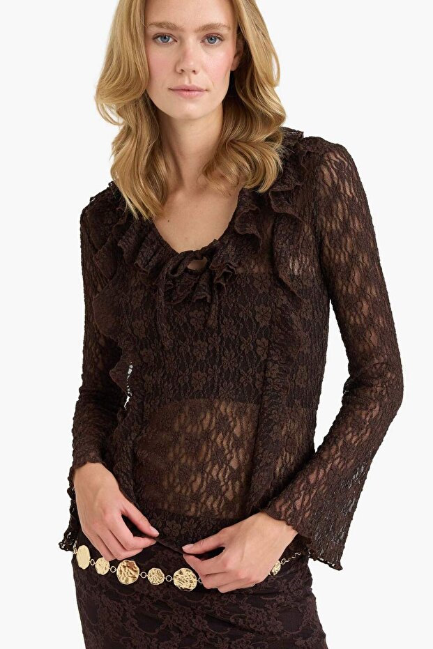 Fitted V-Neck Flounce Lace Long Sleeve Blouseg0601Ax25Au
