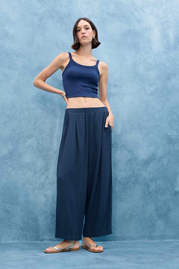 Crop Balloon Fit Linen Blend Regular Waist Trousers F9960Ax25Au