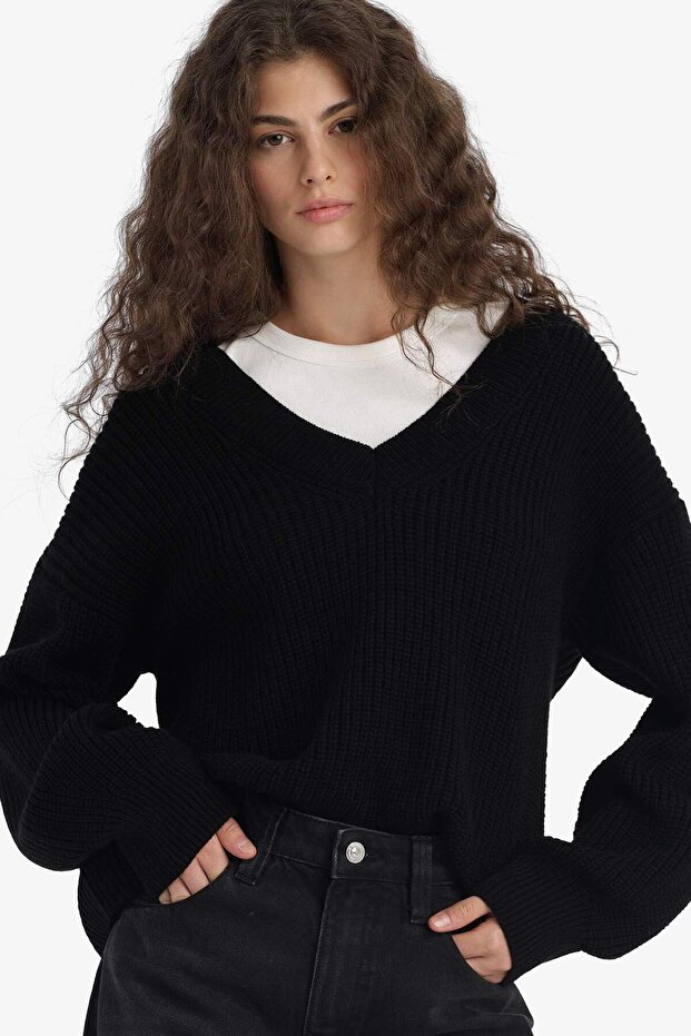 Oversized Wide Fit V-Neck Knitwear Black Women's Sweater Z7135Az/Bk81