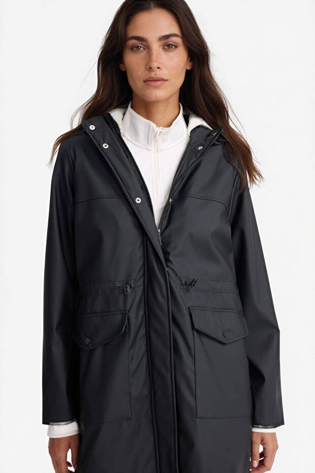 Warm Water Repellent Hooded Faux Leather Raincoat E8575Ax25Wn