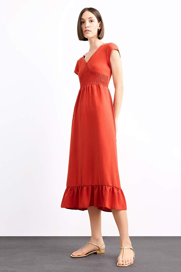 Fitted V Neck Short Sleeve Midi Dress F9360Ax25Sm