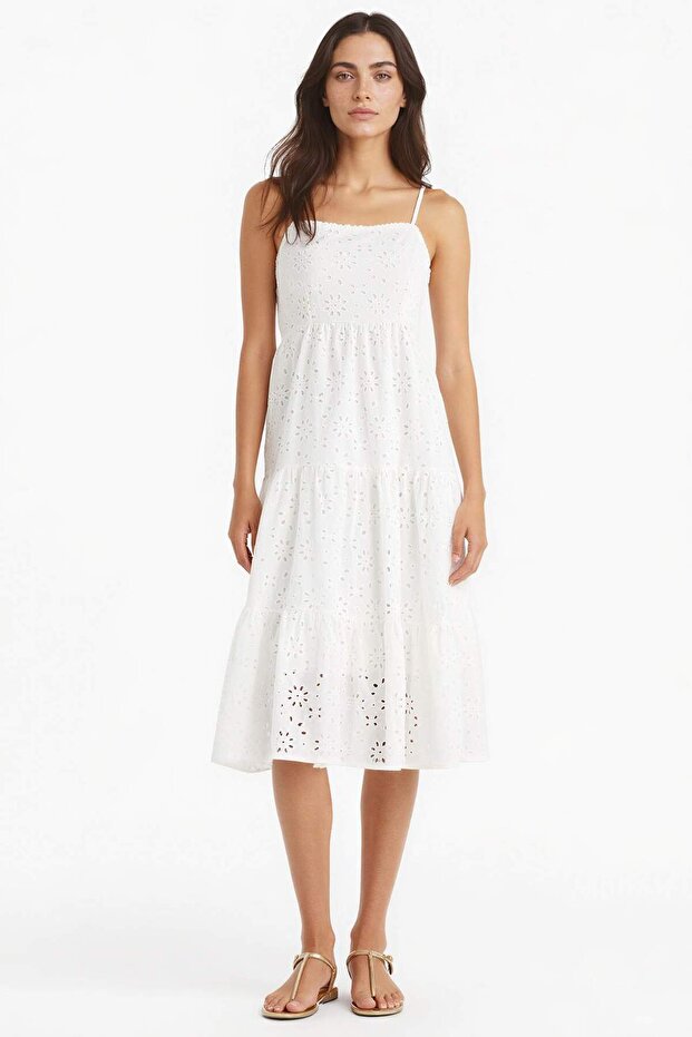 Square Neck Terry Cotton White Strap Midi Dress F9270Ax25Sm