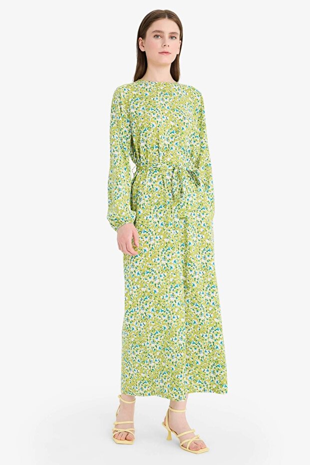 Regular Fit Crew Neck Floral Print Belted Long Sleeve Maxi Dress D9835Ax25Sm