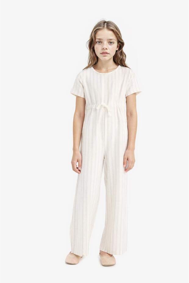 Short Sleeve Striped Viscose Jumpsuit for Girls F5783A825Sm
