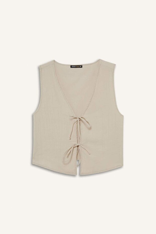 Regular Fit V Neck Tie Crinkle Fabric Sleeveless Blouse F0617Ax25Sm