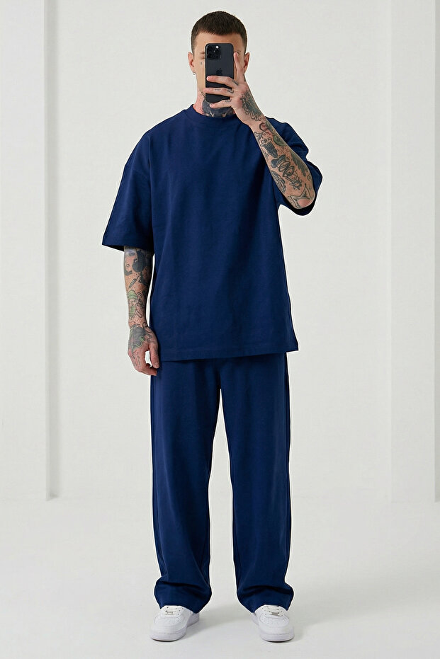 Men's Summer Short Sleeve Oversize Navy Blue Two Thread Tracksuit Set