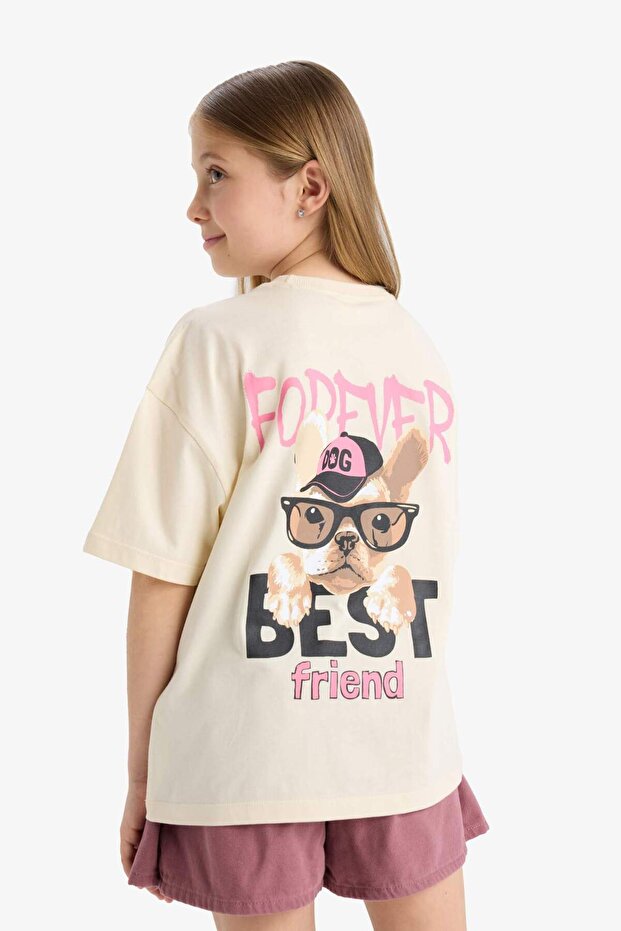 Oversized Loose Fit Crew Neck Back Printed Short Sleeve T-Shirt Girls E0357A825SM