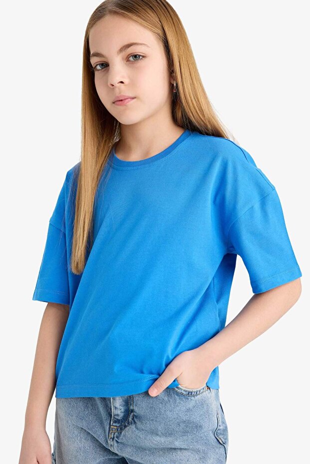 100% Cotton Relax Fit Crew Neck Basic Plain Short Sleeve T-Shirt for Girls Z5095A625Sm