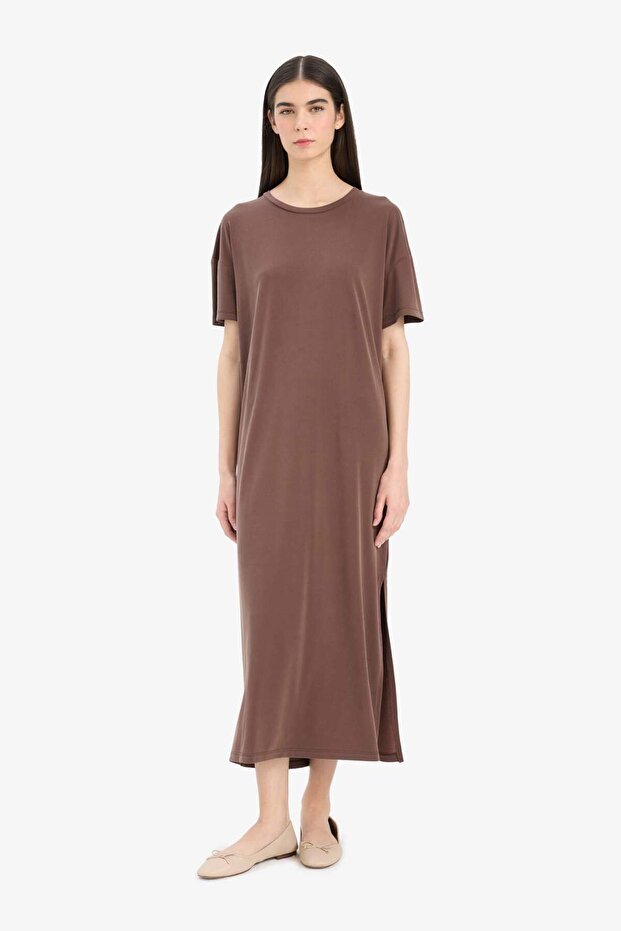 Crew Neck Slit Modal Short Sleeve Midi Summer Dress F6500Ax25Sm