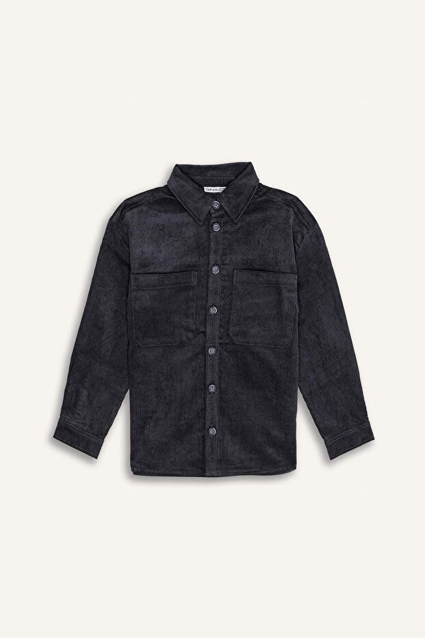 Oversize Wide Fit Polo Collar Velvet Long Sleeve Shirt for Boys C9079A824Wn