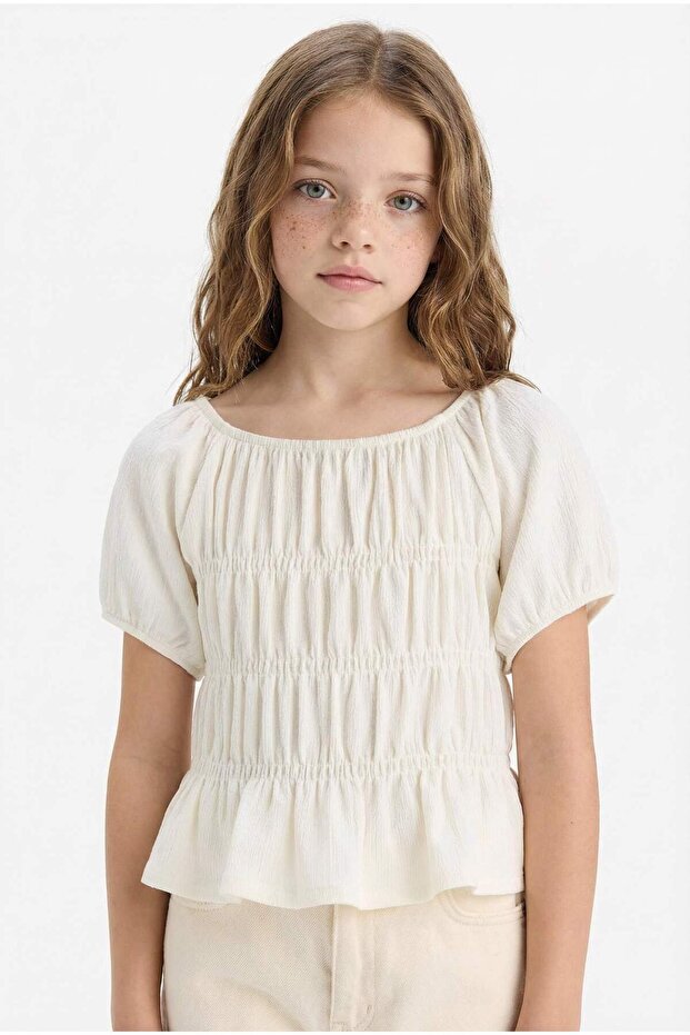 Relax Fit Crew Neck Wrinkled Textured Short Sleeve Blouse Girls C2209A825Hs