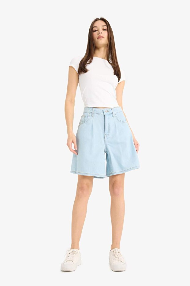 100% Cotton High Waist Soft Jean Bermuda Shorts E0960Ax25Sm