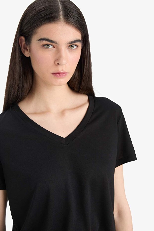 Regular Fit V-Neck Basic Plain Short Sleeve T-Shirt F4214Axns
