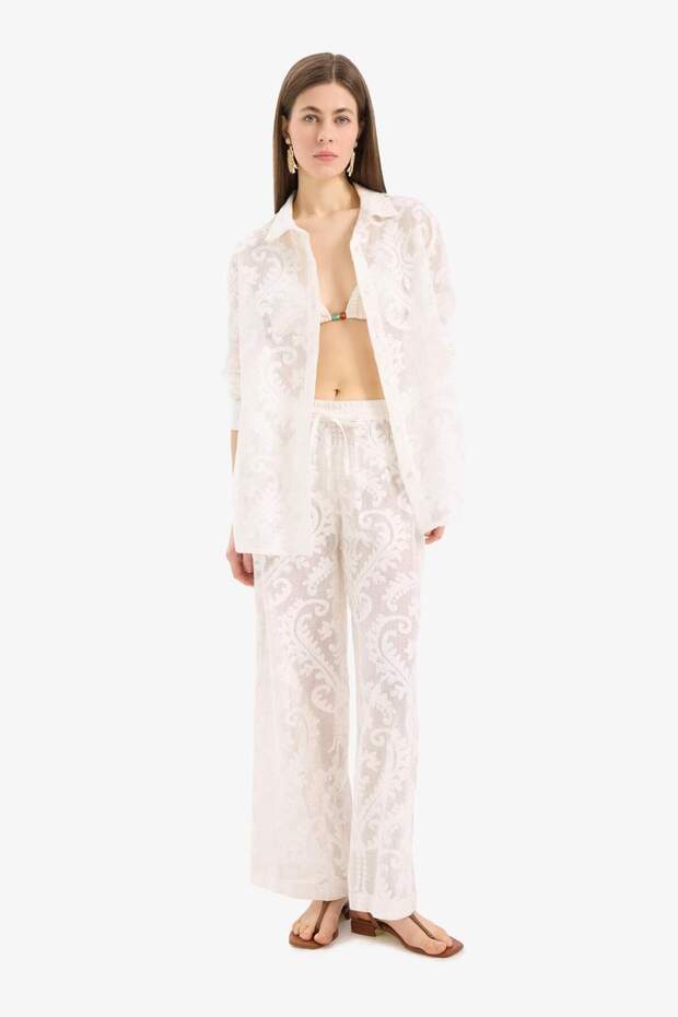 100% Cotton Lace White Beach Pants with Elastic Waist D9767Ax25Sm