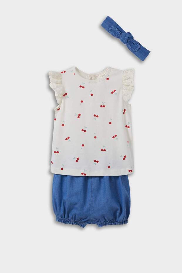 3-Piece Set Fruit Pattern Short Sleeve T-Shirt Soft Jean Shorts Hairband Baby Girl E8363A525Sm