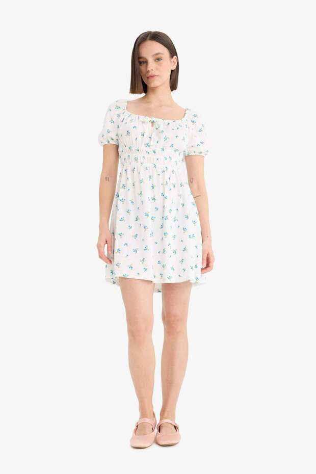 Square Neck Floral Crinkle Textured Short Sleeve Mini Summer Dress E0874Ax25Sm