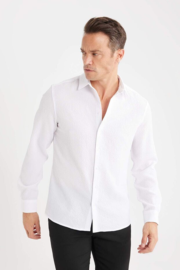 Quick-Drying Modern Fit Polo Collar Textured Stretch Fabric Long Sleeve Shirt D7246Ax25Sp
