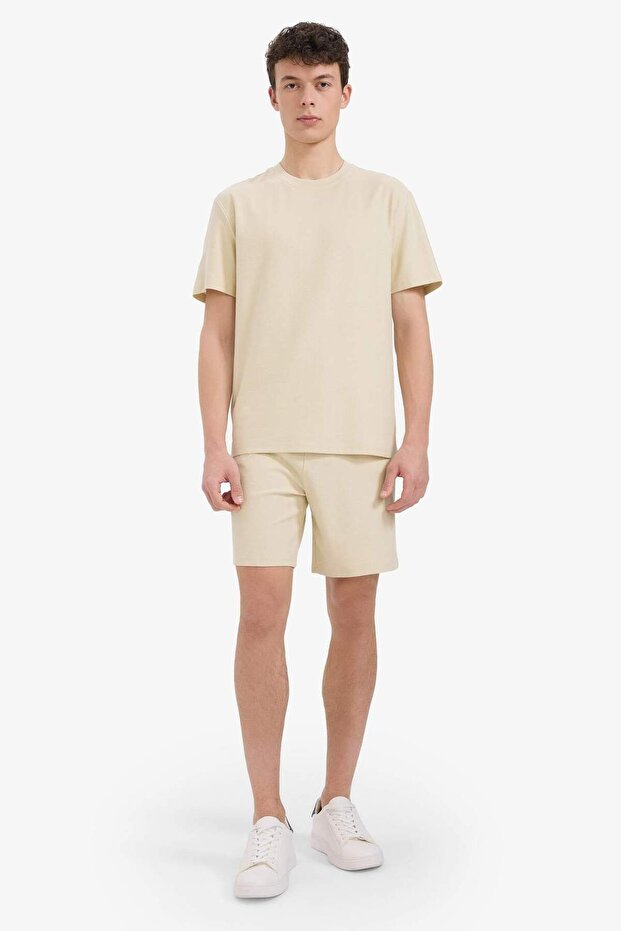 100% Cotton Relax Fit Cross Woven Textured Pocketed Shorts E2590Ax25Sm