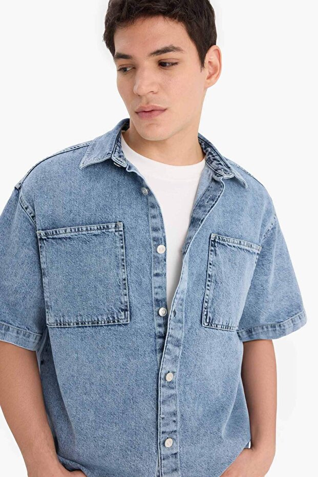 100% Cotton Relax Fit Summer Short Sleeve Jean Shirt D8109Ax25Sp