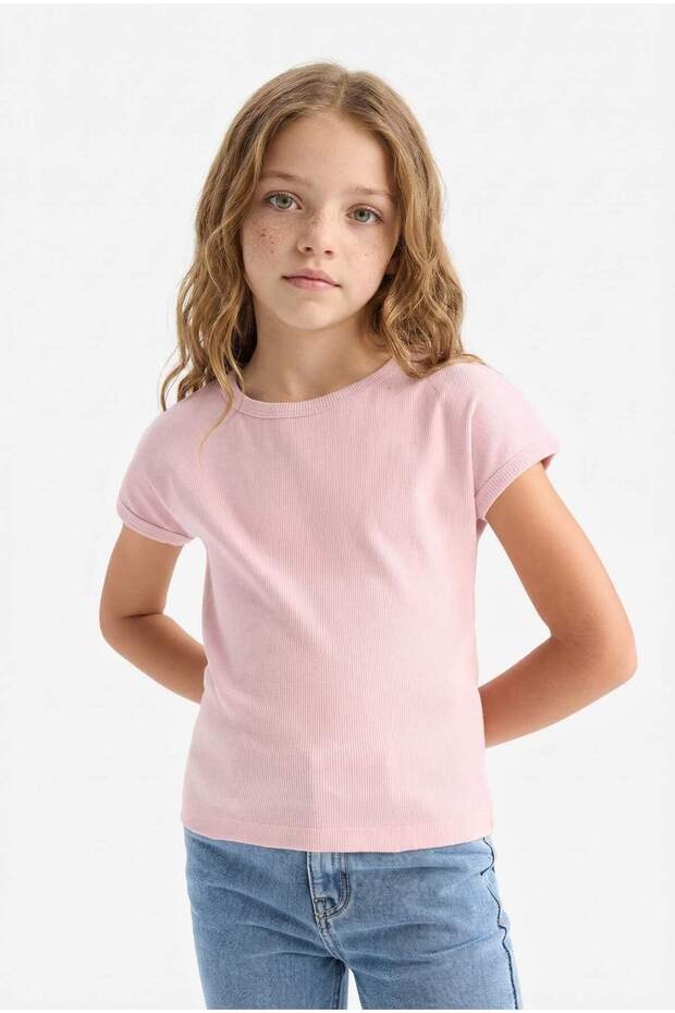 Slim Fit Crew Neck Basic Ribbed Short Sleeve T-Shirt Girls B3053A825Sm