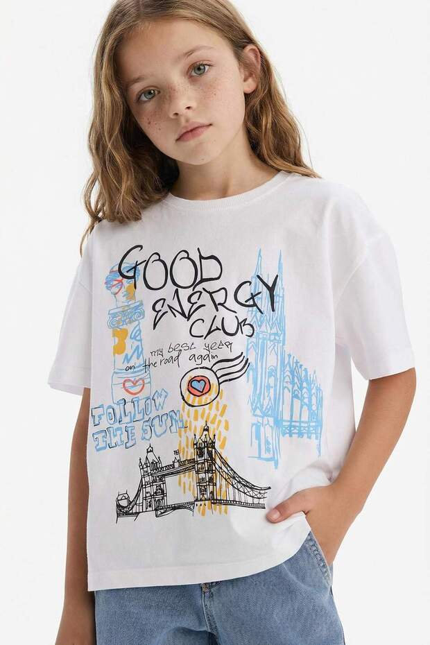 100% Cotton Oversize Wide Fit Crew Neck Printed Short Sleeve T-Shirt Girls E0356A825Sm