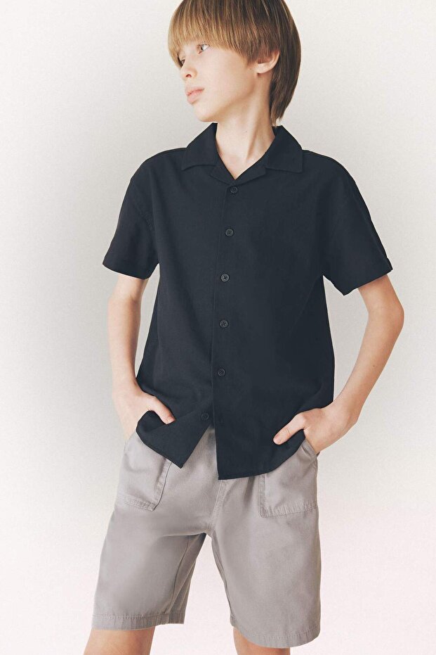 100% Cotton Oversize Wide Fit Polo Collar Linen Look Short Sleeve Shirt for Boys D5861A825Sm