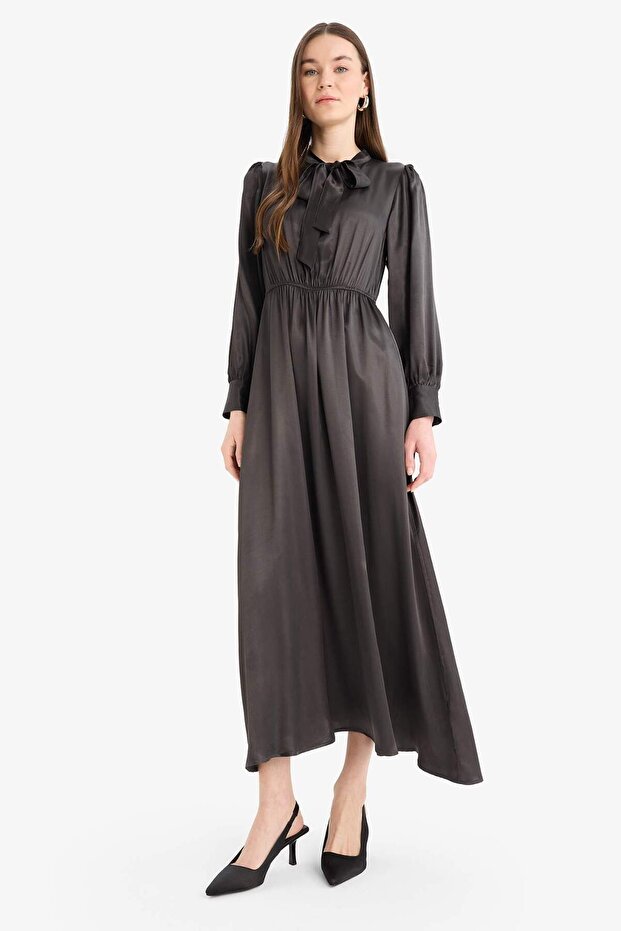 Regular Fit Bow Collar Satin Long Sleeve Midi Dress F0819Ax25Sp