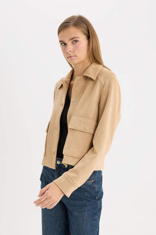 Polo Yaka Cepli Basıc Süet Ceket Mont E6033AX25SP - 3