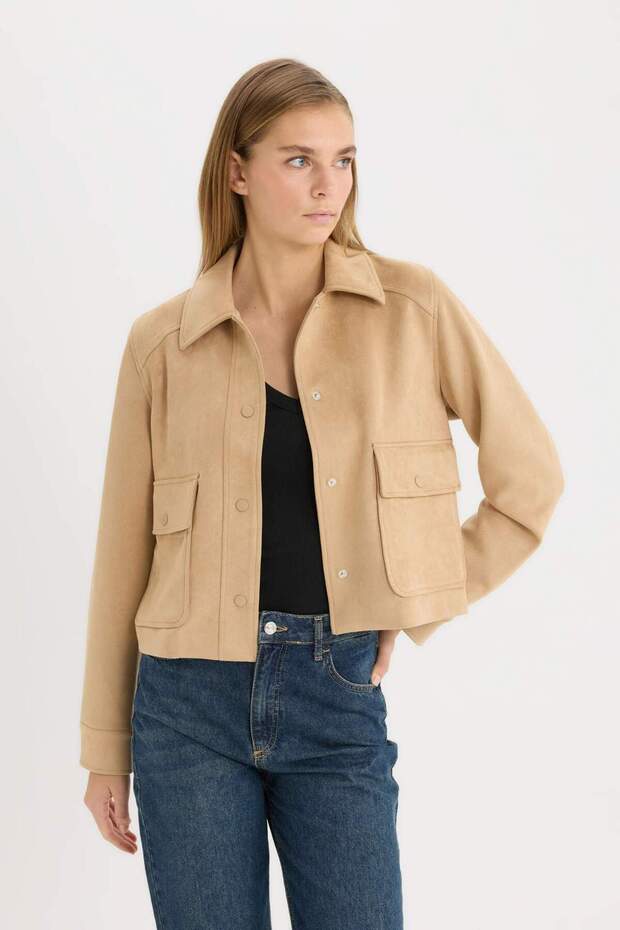 Polo Yaka Cepli Basıc Süet Ceket Mont E6033AX25SP - 4