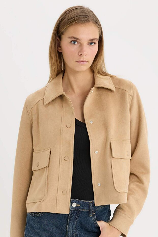 Polo Yaka Cepli Basıc Süet Ceket Mont E6033AX25SP - 1