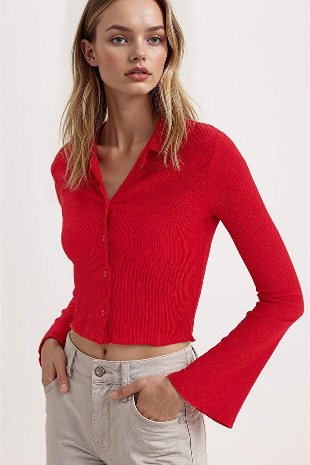 Fıtted Basıc Bürümcük Crop Gömlek A0012AX25SP - 3