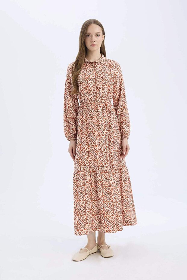 Shirt Collar Pattern Long Sleeve Maxi Dress E5248Ax25Sp